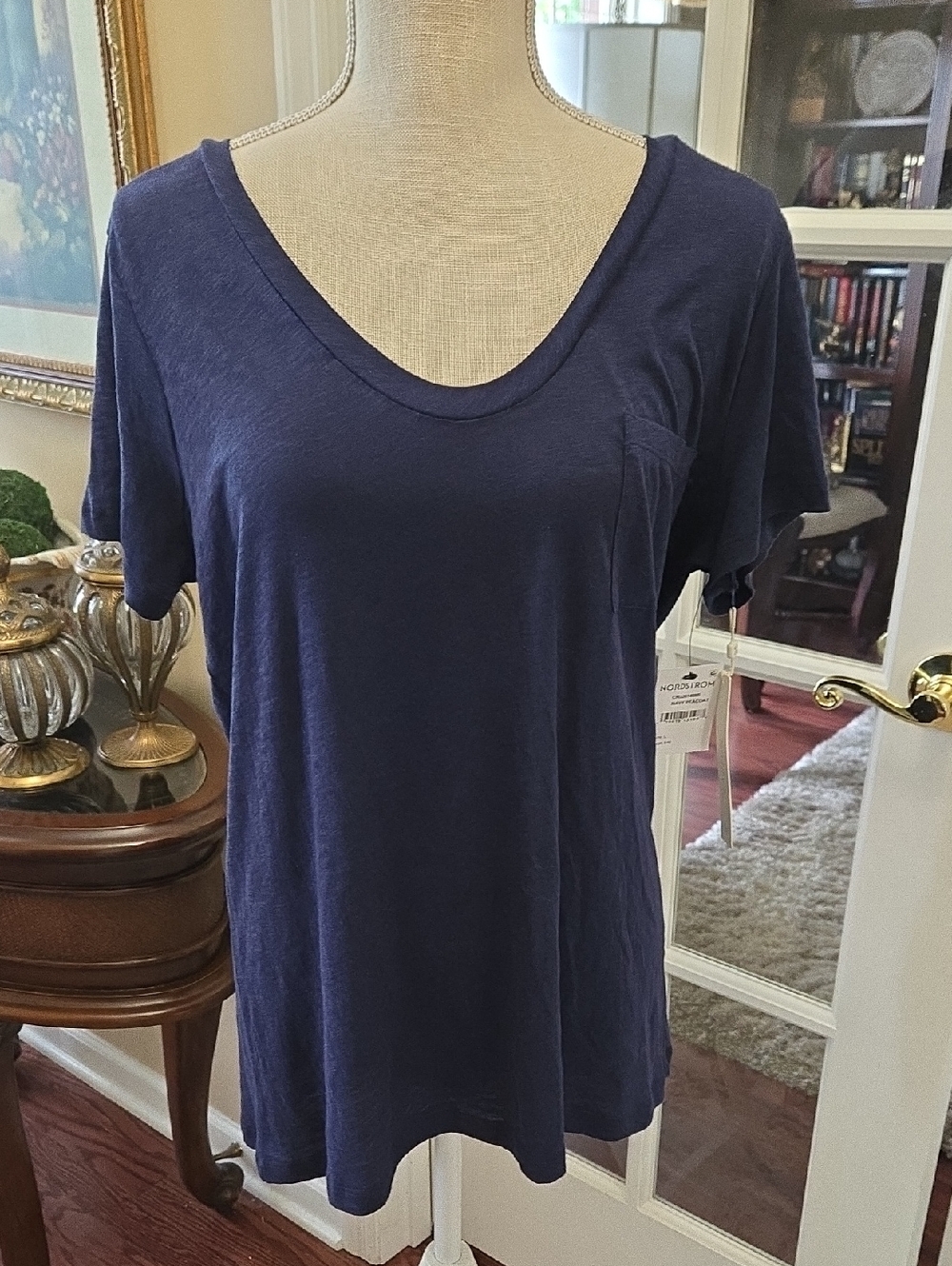 Caslon From Nordstrom Navy Scoop Neck Short Sleeve Front Pocket Tee Large NEW